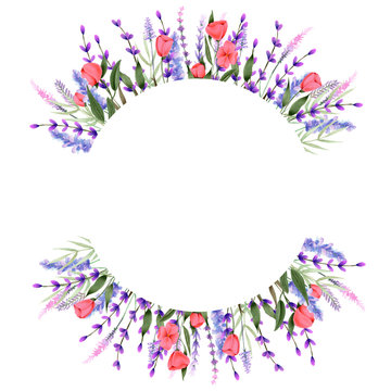 Circle frame border with watercolor pink wildflowers and lavender, hand painted on a white background