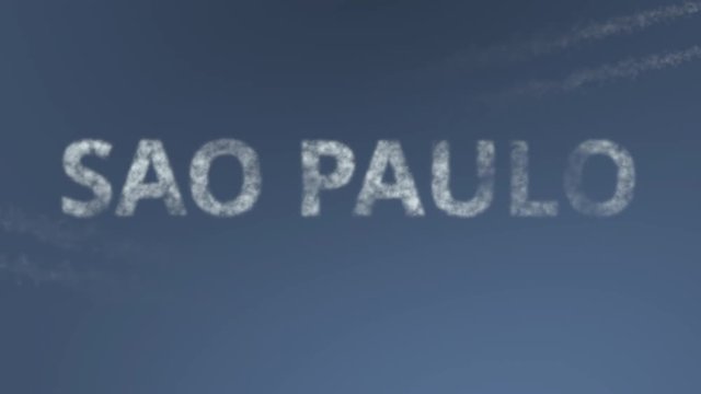 Flying airplanes reveal Sao Paulo caption. Traveling to Brazil conceptual intro animation