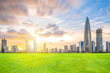 Obraz premium Beautiful Shenzhen Houhai CBD skyline and lawn