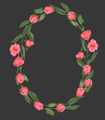 Wreath of hand painted crimson flowers, greeting card template, hand painted on a dark background