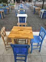 Old wooden table and chairs in a cafe