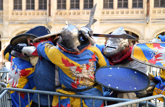 A medieval knight fight in a castle. Medieval fighting.
