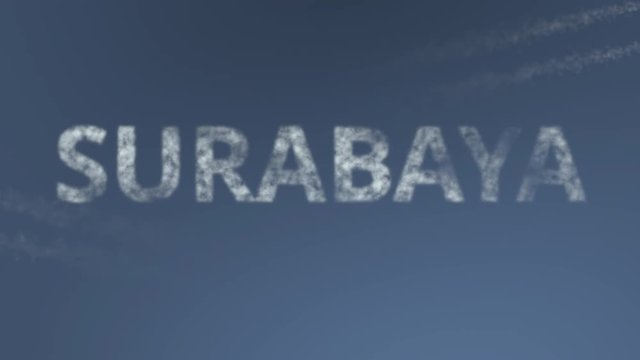 Flying airplanes reveal Surabaya caption. Traveling to Indonesia conceptual intro animation