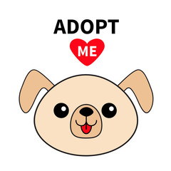 Pet adoption. Dog round face silhouette. Adopt me. Red heart. Kawaii animal. Cute cartoon puppy character. Funny baby pooch. Help homeless animal Flat design. White background