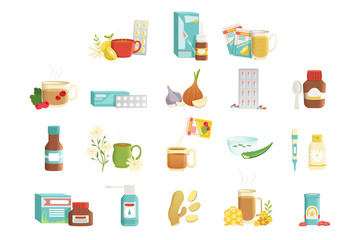 Flu icons set. Alternative and traditional treatments. Tea with raspberries, pills, onions, syrup, nose drops, drink with herbs and honey, throat spray. Flat vector