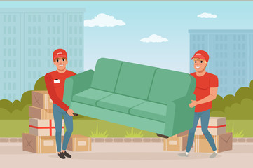 Strong guys carrying sofa. Cartoon couriers characters. Express delivery. Relocation and moving service. Transportation company. Colorful city landscape. Flat vector design