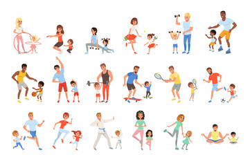 Set with parents and their children doing different sport exercises. Family time. Physical activity and healthy lifestyle concept. Colorful flat vector design - obrazy, fototapety, plakaty