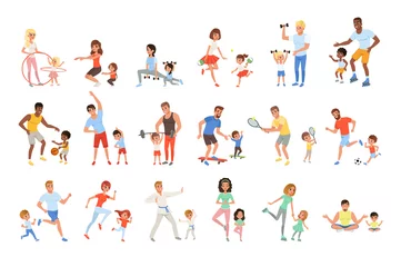 Zelfklevend Fotobehang Set with parents and their children doing different sport exercises. Family time. Physical activity and healthy lifestyle concept. Colorful flat vector design © topvectors