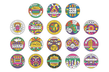 Food festival logo set, Burger Fest, Beer Festival, Hot Dog, Tako Festival, Rock food and music round labels or stickers vector Illustrations