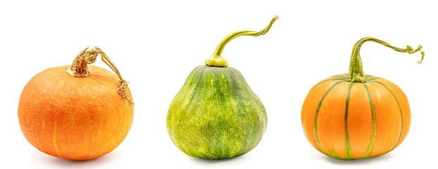 set of yellow and green pumpkins isolated on white