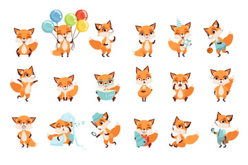 Schattige kleine vossen met verschillende emoties en acties. Stripfiguren van bosdieren. Platte vectorontwerp voor mobiele app, sticker, kinderprint, wenskaart
