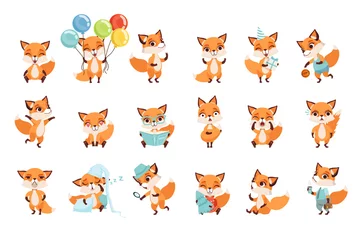 Fototapete Waldtiere Nette kleine Füchse, die verschiedene Emotionen und Aktionen zeigen. Zeichentrickfiguren von Waldtieren. Flaches Vektordesign für mobile App, Aufkleber, Kinderdruck, Grußkarte