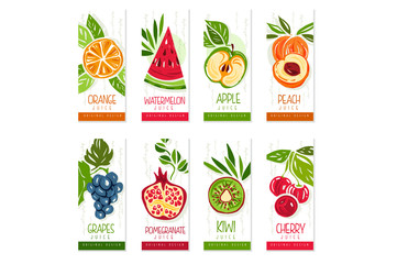 Vertical cards or banners set of fresh fruits watermelon, orange, apple, pear, kiwi, peach, cherry, pomegranate, grapes. Hand drawn original vector design