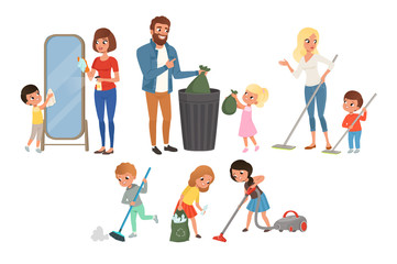 Children helping their parents with housework. Sweeping, vacuuming, washing floor, throwing out garbage, cleaning mirror. Cartoon kids characters. Flat vector design