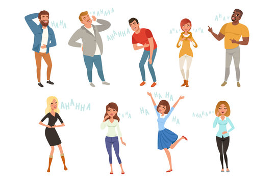Colorful icon set with loudly laughing people at funny joke. Cartoon men and women characters in casual clothes. Hahaha text. Full-length portraits. Flat vector design