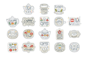 Coffee and tea labels for street shop, cafe or bar set in different shapes. Take away store. Hand drawn vector with lettering. Line art with hot drinks, cakes, donut.