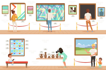 Cartoon characters people visitors in art museum. Paintings, butterflies collection and sculptures in the gallery. Cultural activities concept. Vector vertical flat banners