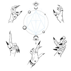 Obraz premium Witch hands with black nails, rings, Magic. Boho style.
