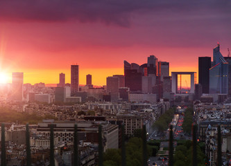 Dramatic sunset over Paris, France, looking at La Defense from the Arc de Triomphe
