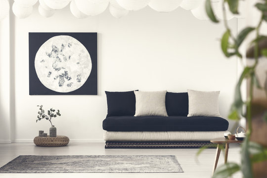 Plant on pouf next to black couch with cushions in japanese flat interior with moon poster and carpet. Real photo