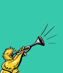 Fototapeten Cartoon vogel blaast op een hoorn © emieldelange