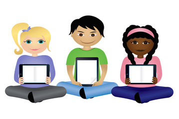 School students holding ebook reader tablets