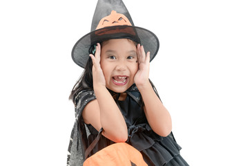 funny child girl in witch costume for Halloween isolated