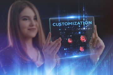 The concept of business, technology, the Internet and the network. A young entrepreneur working on a virtual screen of the future and sees the inscription: Customization