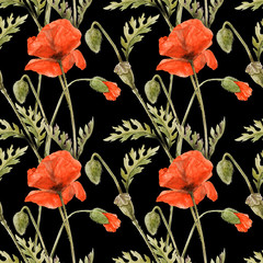 Red Poppy field seamless pattern by watercolor
