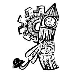 Set of England symbols hand drawn set with Big Ben, ambrella, hat, gear vector illustration