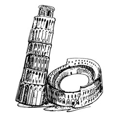 Rome coliseum and Leaning Tower city vector hand drawing artwork Italian symbol