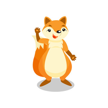 Cute little fox waving his paw, funny pup cartoon character vector Illustration on a white background