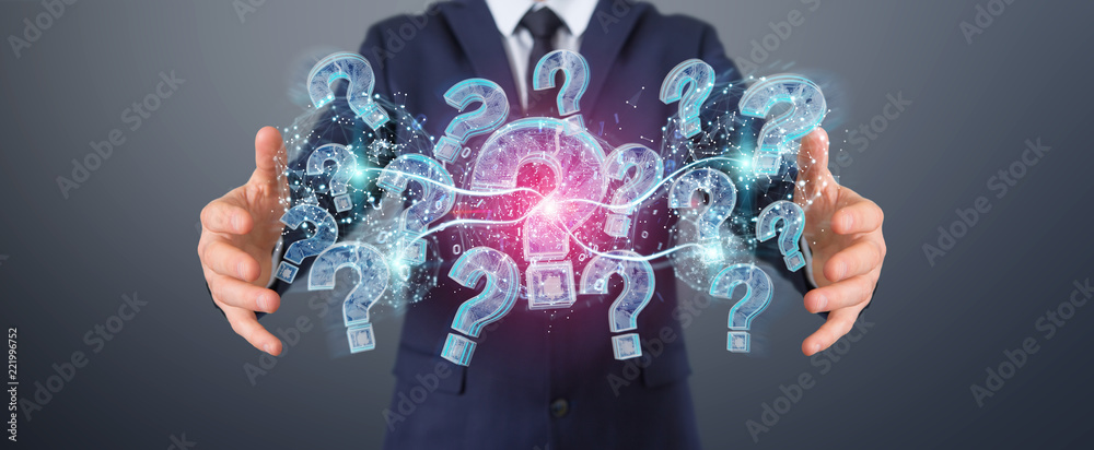 Fototapete businessman solving problem with digital question marks 3d rendering