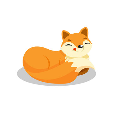 Cute little fox lying on the floor curled up, funny pup cartoon character vector Illustration on a white background