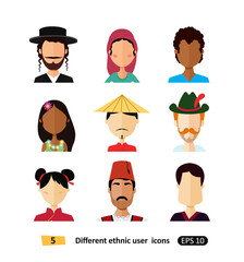 International  man and woman people avatar icon dressed in national clothes flat users icons