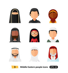 Muslim arab family avatars  icons set in flat style isolated different arabic ethnic man and woman users faces 