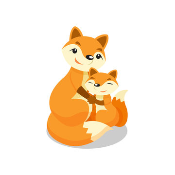 Mother fox hugging her baby fox vector Illustration on a white background