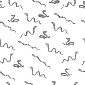 Modern watercolor cute grey snakes seamless pattern on white background. Snake babies sitting, running and playing