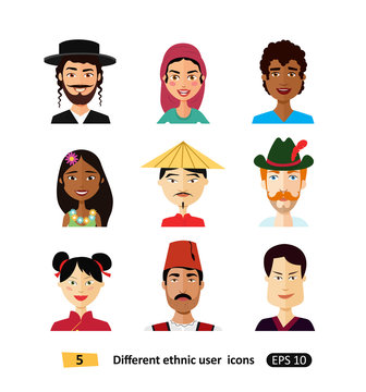 Multicultural national people avatars users flat icons international people men and women  in traditional costumes vector