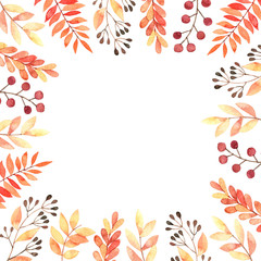Hand drawn watercolor illustration. Frame with fall leaves, spruce branch and berries. Forest design elements. Hello Autumn! Perfect for seasonal advertisement, invitations, cards