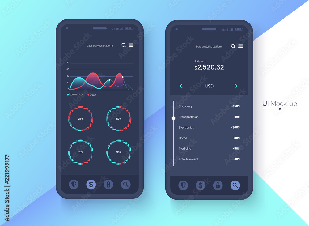 Leinwandbilder Conceptual black mobile phone mock-up for app interface presentation. User interface design concept. Smartphone screen on colorful abstract background. Vector eps 10.