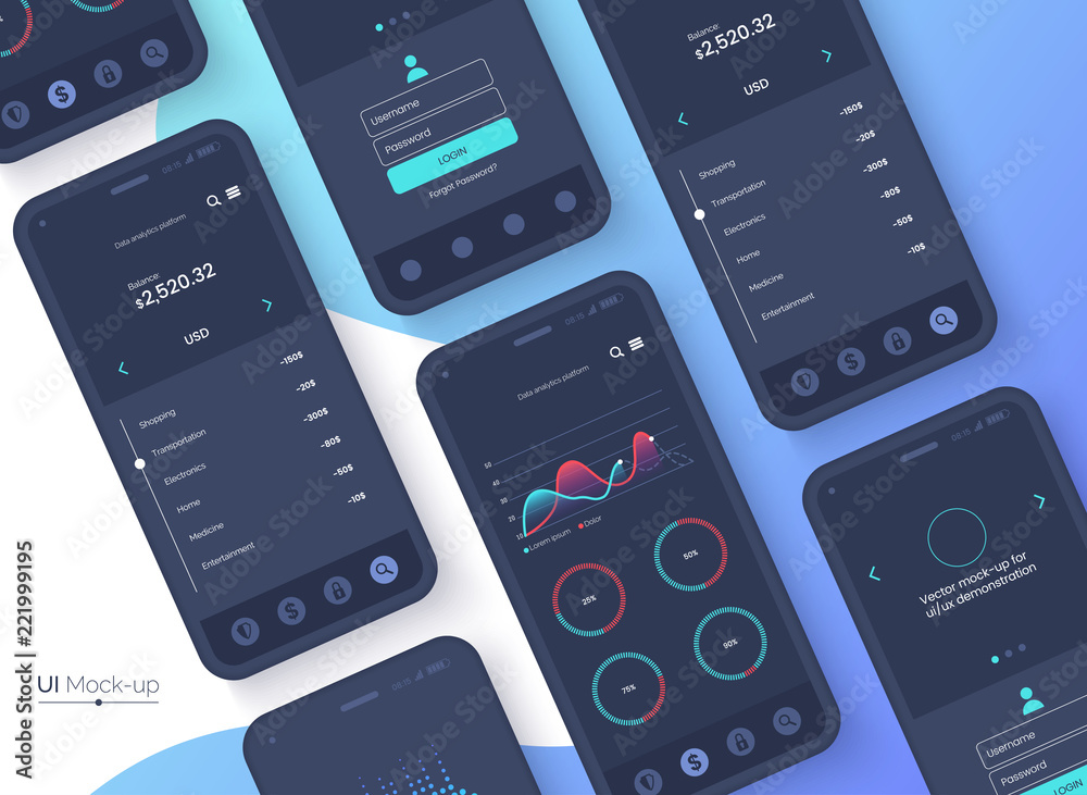Poster Conceptual black mobile phones for user interface, user experience presentation. Smartphone mock-up on blue gradient background. Mobile app design concept. Vector eps 10.