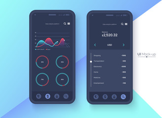Conceptual black mobile phone mock-up for app interface presentation. User interface design concept. Smartphone screen on colorful abstract background. Vector eps 10.