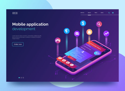 Mobile app development vector illustration. Isometric mobile phone with layout of application. User experience, user interface. Gadget software.Homepage template. design. Eps 10.