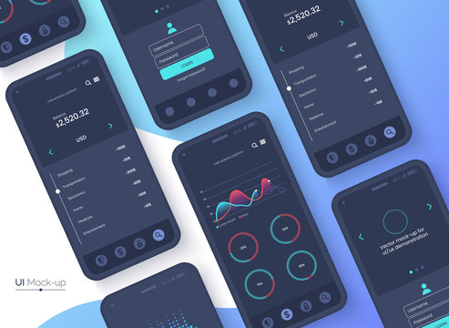 Conceptual Black Mobile Phones For User Interface, User Experience Presentation. Smartphone Mock-up On Blue Gradient Background. Mobile App Design Concept. Vector Eps 10.