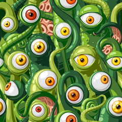 Бесшовный векторный узор из мультяшных глаз и щупалец монстров с зеленой кожей, оранжевыми и желтыми глазами. Векторная иллюстрация.