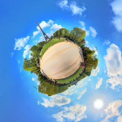 Beautiful 360 degree little planet panorama of the Eiffel tower in Paris, France