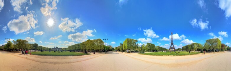 Beautiful 360 degree panorama in spring with a blue sky of the Eiffel tower in Paris, France