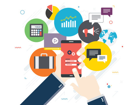 Hand holding mobile phone on login screen. Smartphone application icons connected by lines. Concept of smart communication and technology. Flat vector illustration.