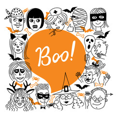 Face_hallowin2/Men and women celebrate Halloween. People dressed in Halloween costumes. The inscription "Boo!"